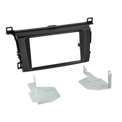 Black car dashboard stereo mounting kit with trim bezel and two silver metal brackets on a white background.