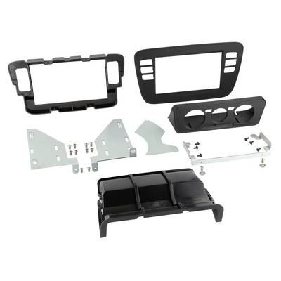 Assorted black and gray plastic and metal car dashboard trim and mounting panels, shown as separate replacement parts with screws.