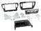 Assorted car dashboard radio and climate control trim panels with mounting brackets, screws, and plastic inserts laid out on a white background.
