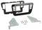 Car dashboard mounting kit with two black faceplates, two metal brackets, and screws for installing a stereo or control panel.