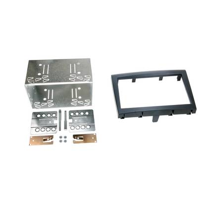 Car stereo installation kit parts: metal mounting brackets, screws, and a black dashboard trim frame on a white background.