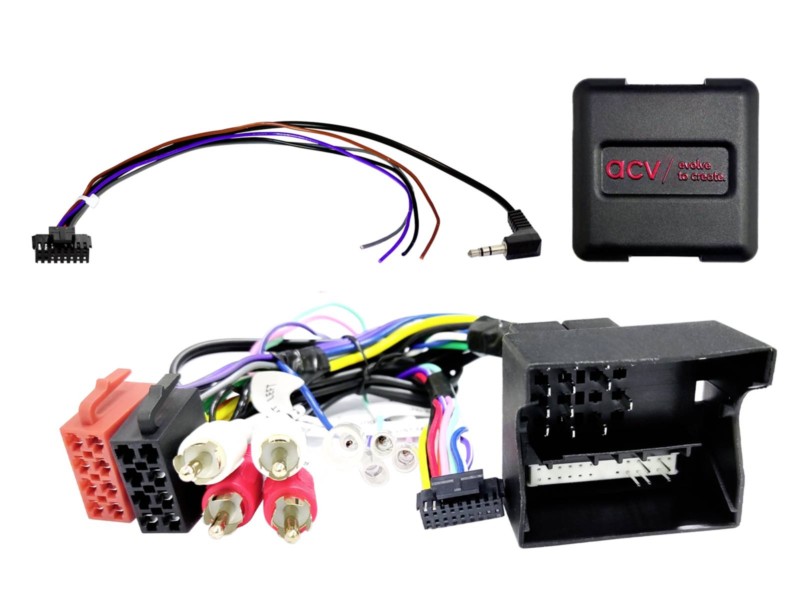 Car stereo wiring harness adapter kit with multiple connectors, RCA plugs, and black control module on a white background.