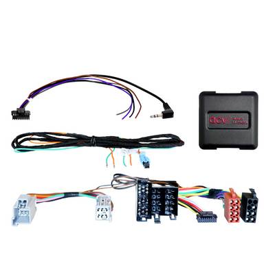 Car stereo wiring harness kit with adapter module, multiple color-coded cables, plugs, and terminal block for vehicle audio installation.