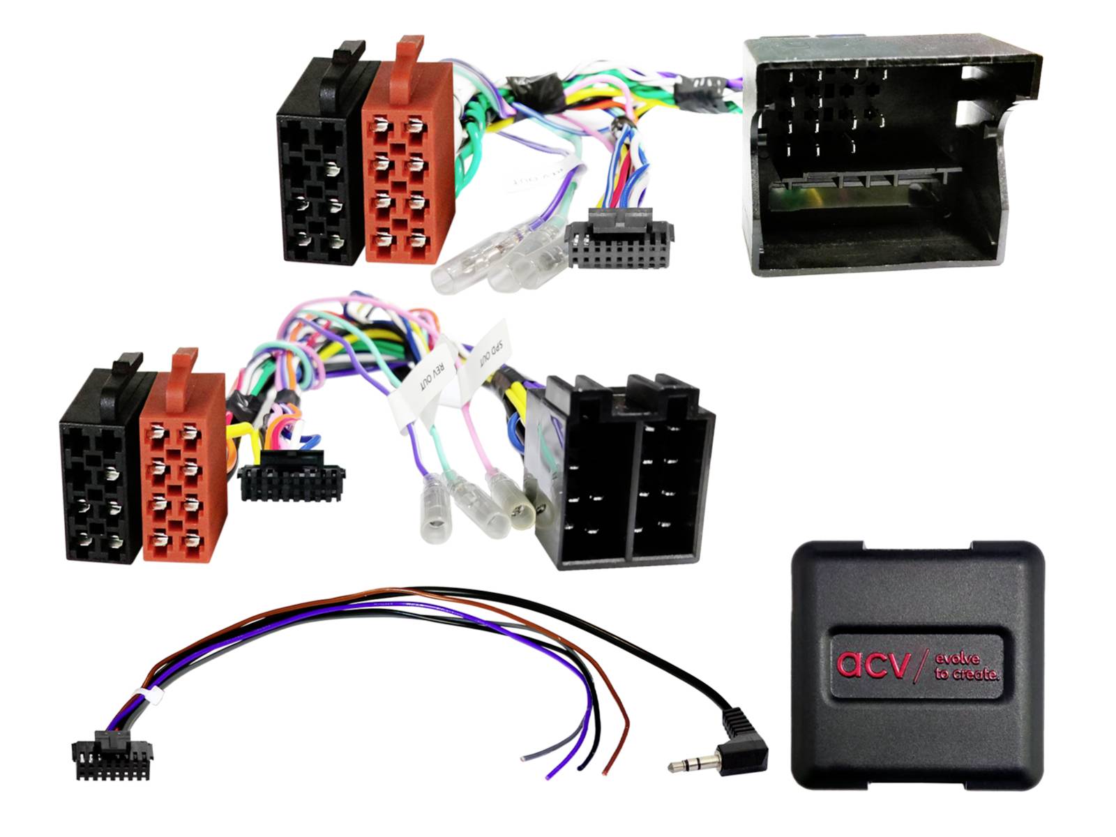 Car stereo wiring harness adapters and a black 'dcv' interface box with multicolored connector cables on a white background.
