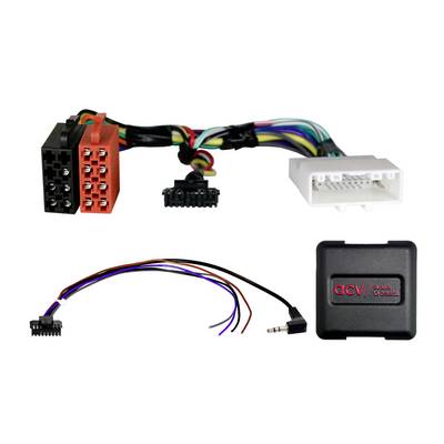 Car stereo wiring harness kit with multiple connector plugs, a small interface box, and loose colored wires and 3.5 mm jack.