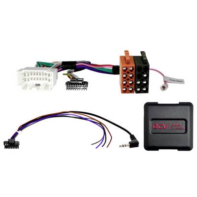Car audio wiring adapter kit with multiple plug connectors, a 3.5 mm audio jack lead, and a black ACV control module.