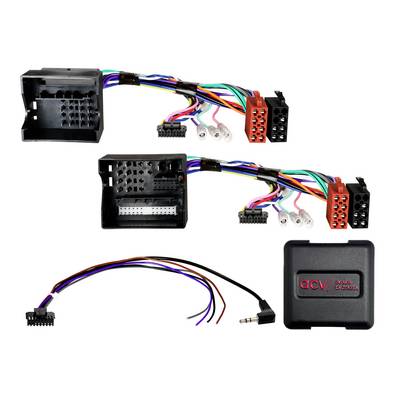 Car stereo wiring harness adapter with two connector plugs, loose color-coded wires, and a small black 'aCV' control module.