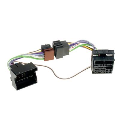 A wiring harness with three black automotive-style connectors and multicolored wires, used to adapt or connect car audio components.
