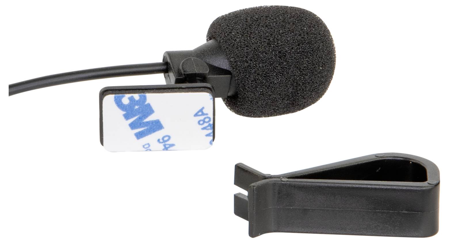 Clip-on lavalier microphone with foam windscreen, cable, and black mounting clip on a white background.