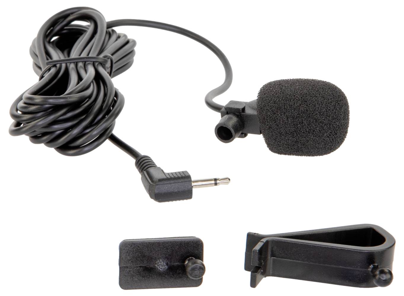 Clip-on wired lapel microphone with foam windscreen, plus a detachable belt clip and 3.5 mm plug<br>