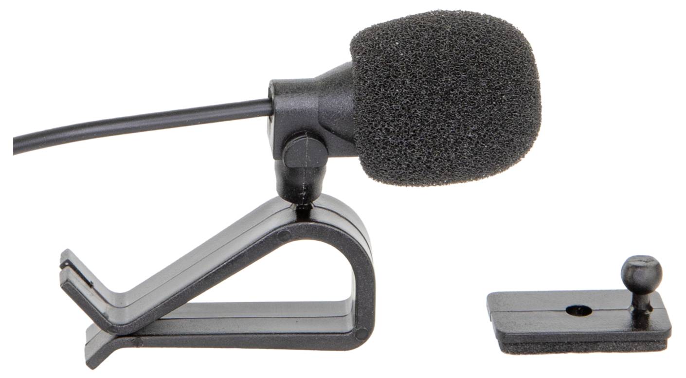 Clip-on microphone with foam windscreen and detachable spring clamp mount on a white background.