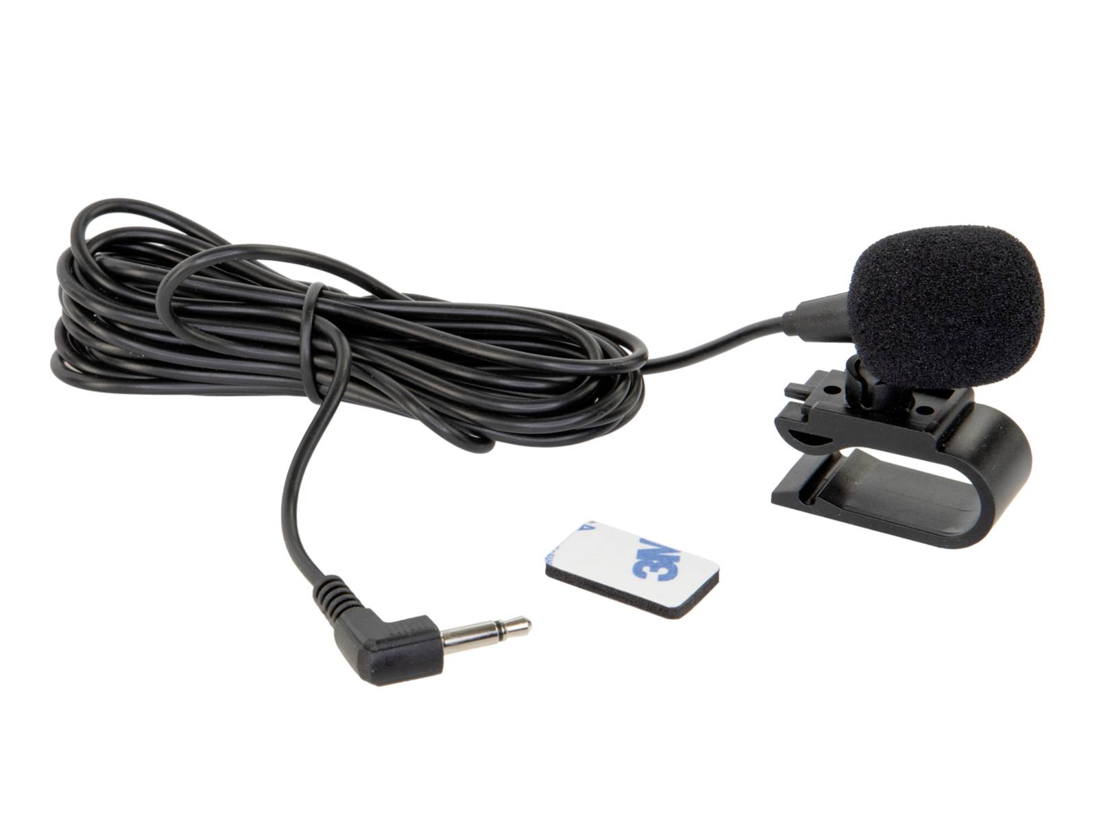 Clip-on lavalier microphone with foam windscreen, long cable and 3.5 mm plug, shown with mounting clip and small adapter.<br>