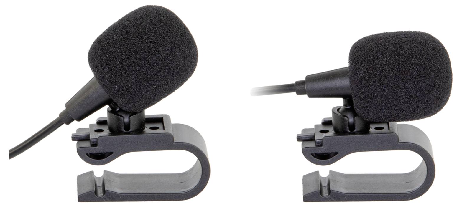 Two black clip-on lavalier microphones shown side by side on a white background, each with a foam windscreen and cable attached.