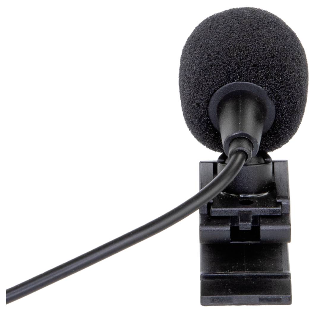 Black clip-on lavalier microphone with foam windscreen and attached cable on a white background.