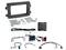 Car stereo installation kit with black dashboard trim, mounting brackets, wiring harnesses, connectors, screws, and a small interface module on a white background.