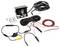 Vehicle rear-view camera kit with camera, cables, wiring harness, connectors, and mounting hardware laid out on a white background.