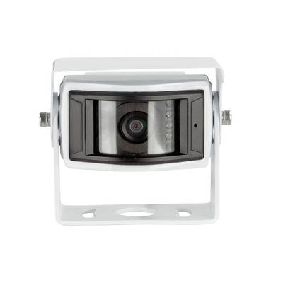 Front view of a white security camera with a protective hood and central lens.