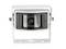 Front view of a white security camera with a protective hood and central lens.