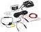 Security camera kit with camera, mounting screws, cables, and connectors laid out on a white background.
