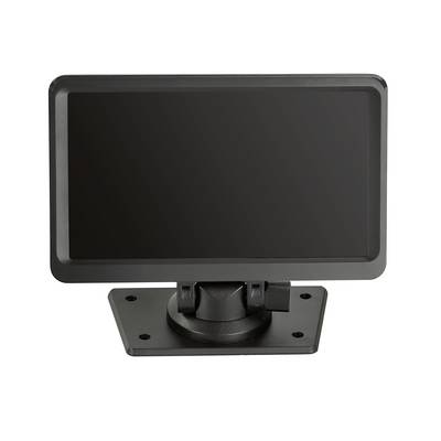 Black rectangular monitor or display screen mounted on a swivel base with a flat bracket stand, isolated on white background.