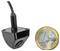 Small black wired surveillance camera shown next to a 1 euro coin for size comparison.