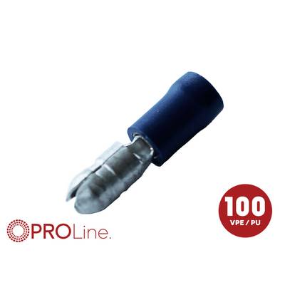Blue insulated electrical crimp terminal on white background, labeled PROLine and '100 VPE/PU' indicating a pack of 100.<br>
