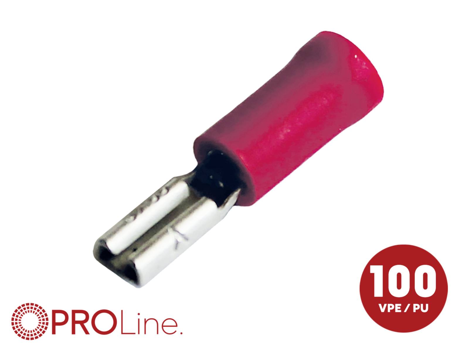 Red insulated female wire connector terminal with 'PROLine' logo and '100 VPE/PU' badge.<br>