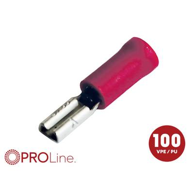 Red insulated female wire connector terminal with 'PROLine' logo and '100 VPE/PU' badge.<br>