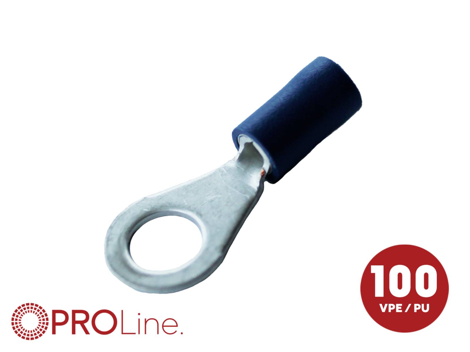 Image of a blue insulated ring terminal connector labeled 'PROLine' and '100 VPE/PU' on a white background.