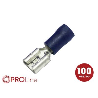 A blue insulated female spade connector on a white background, with PROLine branding and a '100 VPE / PU' label.