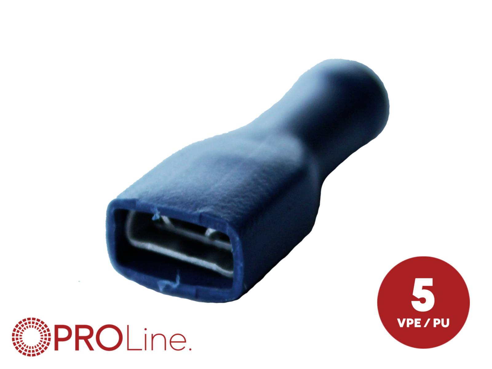 Blue insulated female electrical terminal connector with PROLine logo and a red '5 VPE / PU' label.