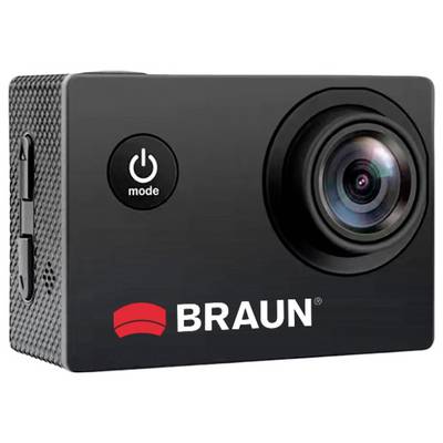 'Braun' action camera with a wide lens, power mode button, and textured sides, designed for capturing dynamic photos and videos.