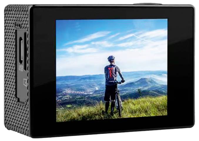 'A small camera showing a cyclist on a mountain overlooking a vast landscape under a clear blue sky.'