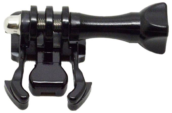 A black plastic camera mount with a screw bolt, typically used to attach action cameras to gear or surfaces securely.