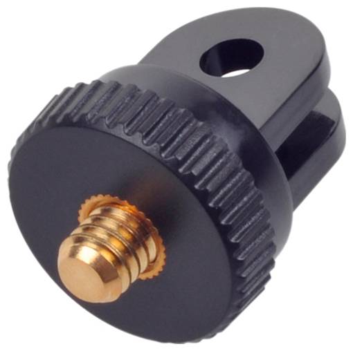 A black camera adapter with a gold screw, designed to attach to tripods or mounts, featuring a slotted top for secure attachment.