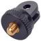A black camera adapter with a gold screw, designed to attach to tripods or mounts, featuring a slotted top for secure attachment.