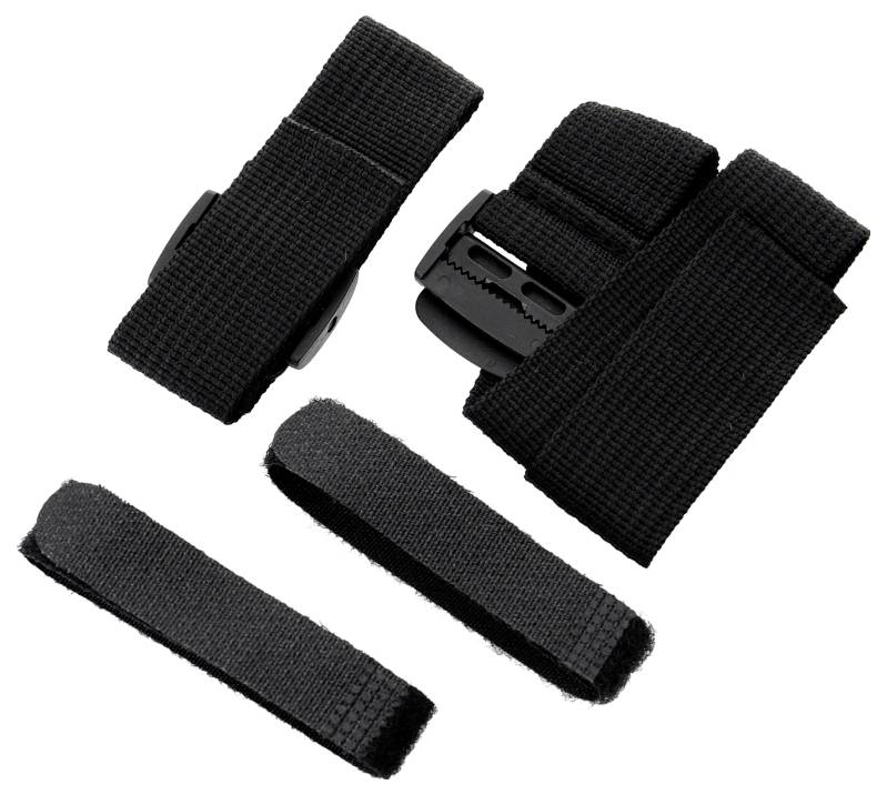 'Black nylon straps with buckles and Velcro closures, used for securing or bundling items. Set includes various sizes and types.'