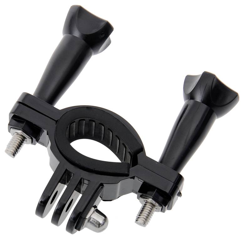 A black dual-handle mount accessory for securing devices, featuring adjustable screws for attachment, designed for versatile equipment use.