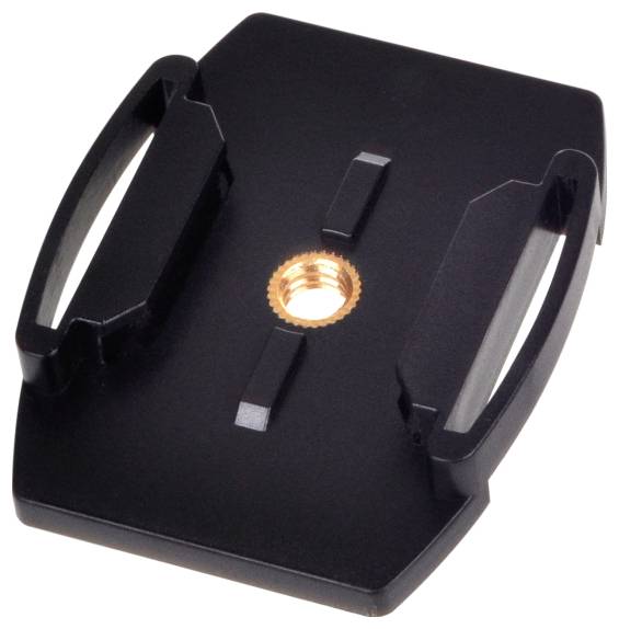'A black camera hot shoe mount adapter with a central golden screw thread, designed for attaching accessories to a camera.'