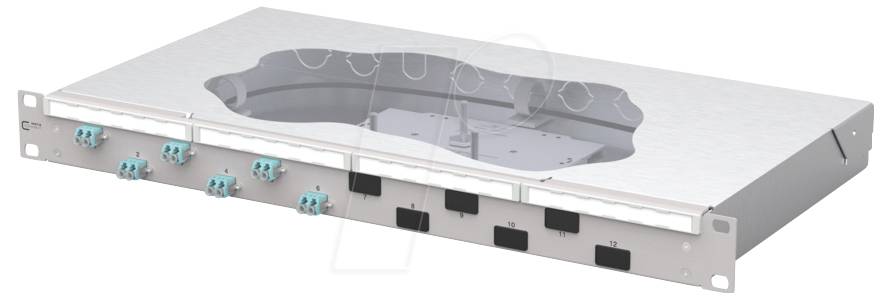 An optical fiber patch panel with multiple ports and connectors, designed for organizing and managing fiber optic cables in networking setups.