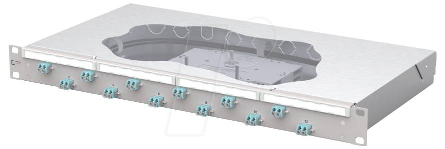 Fiber optic patch panel with multiple ports for cable management, designed for network connectivity in data centers or telecommunication rooms.