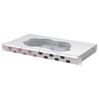 'A rack-mounted rectangular metal panel with fiber optic connectors and cable management slots, used in network infrastructure.'