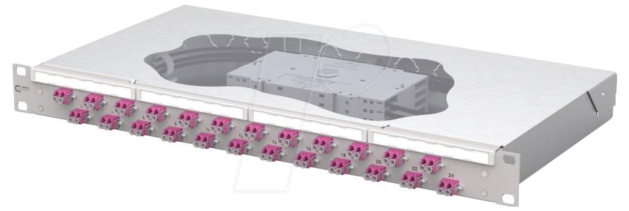 'A fiber optic patch panel with multiple pink connectors and a transparent cover on a metal casing. Used for network cabling organization.'