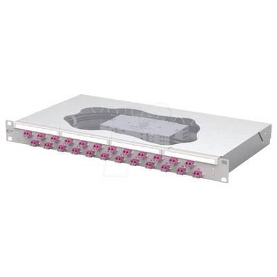 'A fiber optic patch panel with multiple pink connectors and a transparent cover on a metal casing. Used for network cabling organization.'