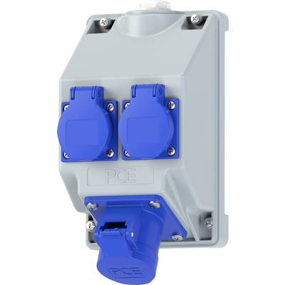 'Image of a PCE industrial electrical outlet with two blue socket covers and one plug at the bottom. The outlet base is gray.'