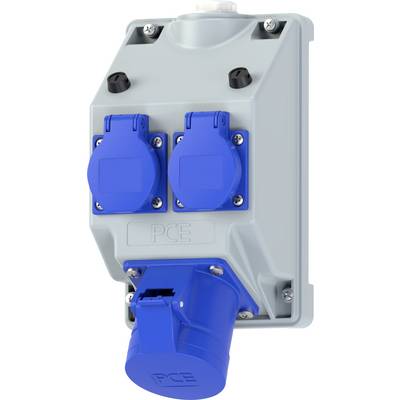 'A gray electrical outlet box with three blue sockets and the label PCE, used for industrial power connections.'