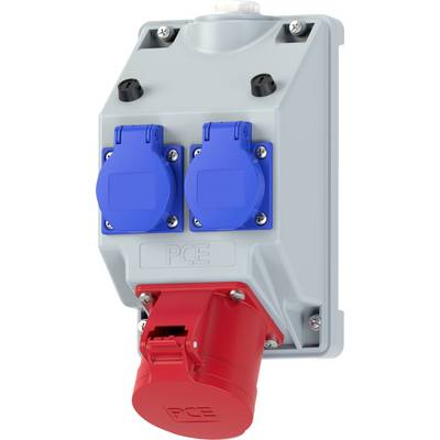 A wall-mounted electrical outlet box with three sockets: two blue outlets on top and one larger red outlet at the bottom, labeled 'PCE'.