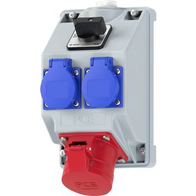 An industrial power socket outlet box with two blue sockets and one red socket, labeled 'PCE', designed for electrical connections.