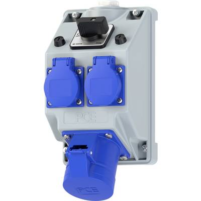 'Industrial-grade power outlet panel with two blue sockets and one blue plug, mounted on a grey base. Designed for heavy-duty electrical use.'