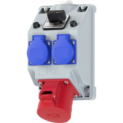 A wall-mounted electrical outlet with two blue sockets and one larger red socket, used for industrial power connections, labeled 'PCE'.